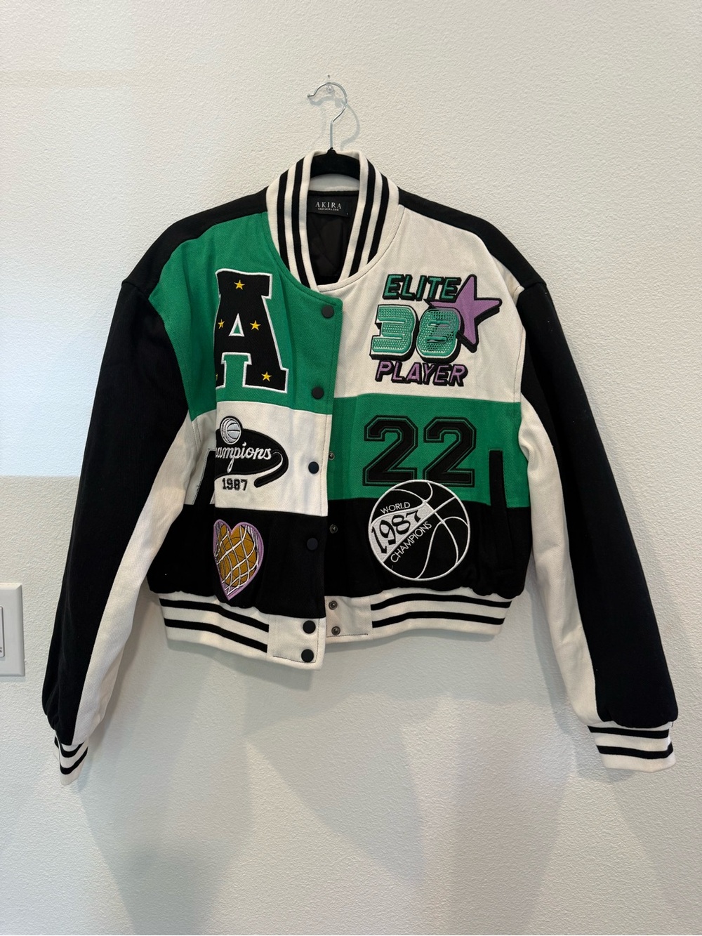 AKIRA Green, Black & White Patchwork Varsity Jacket
